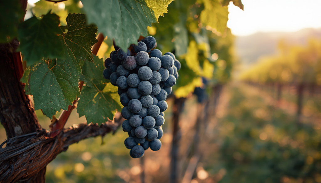 Reife blaue Kékfrankos-Trauben (Blaufränkisch, Lemberger) am Rebstock im Weinberg im Abendlicht